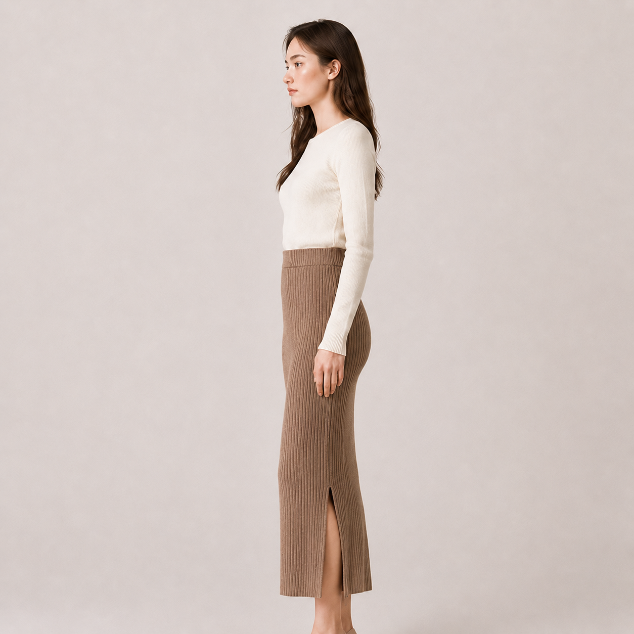 Front Slit Knit Skirt-BEIGE 2