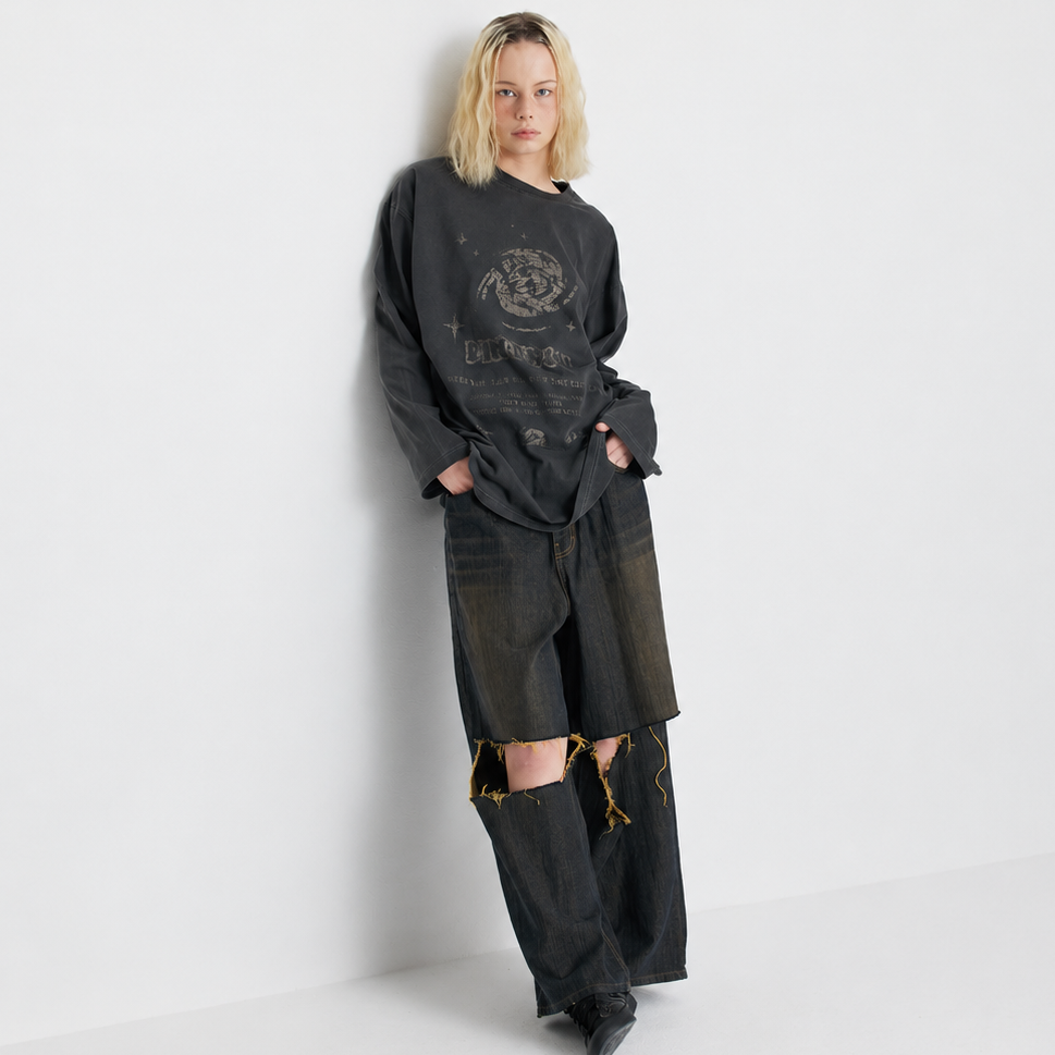 DESTROYED KNEE WIDE DENIM PANTS-DIRTY BLUE & MUSTARD 7