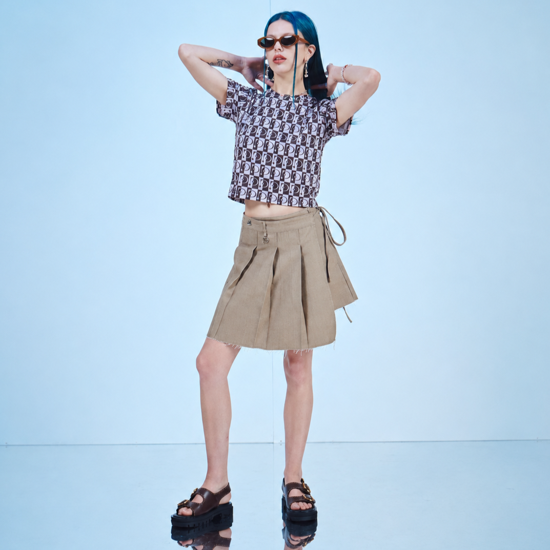 D-Ring Pleats Wrap Skirt-BEIGE 2