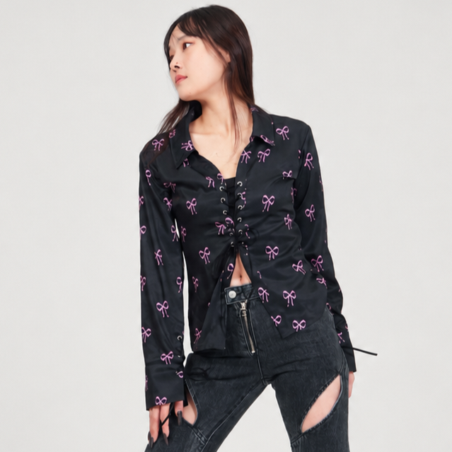 Ribbon Eyelet Shirt-BLACK 6