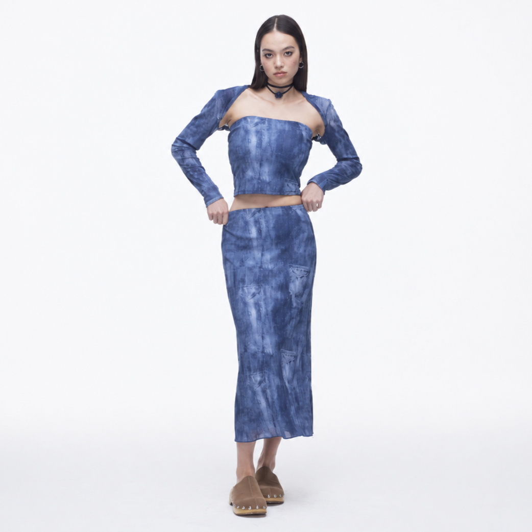 Denim Print Mesh Skirts-BLUE 2