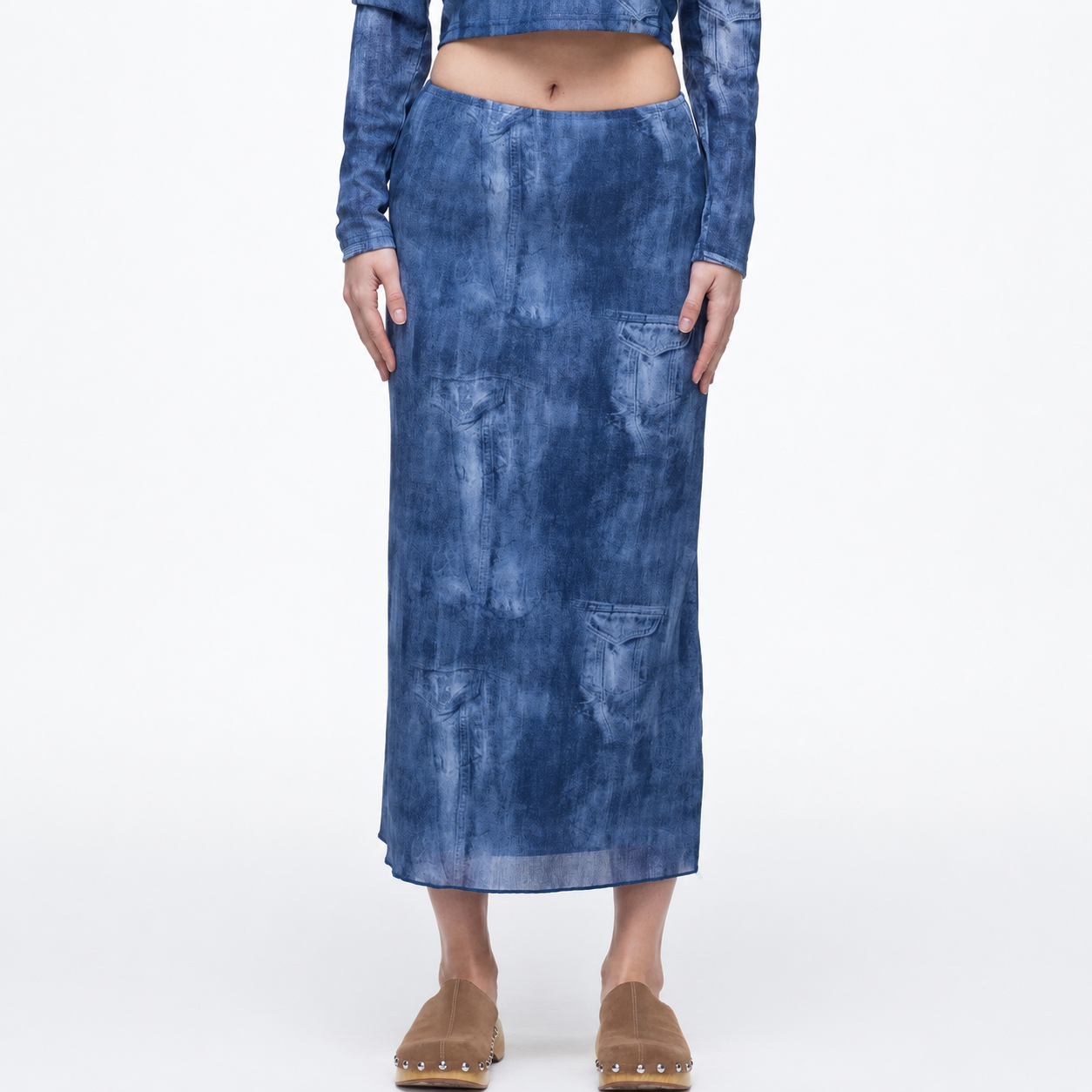 Denim Print Mesh Skirts-BLUE 4