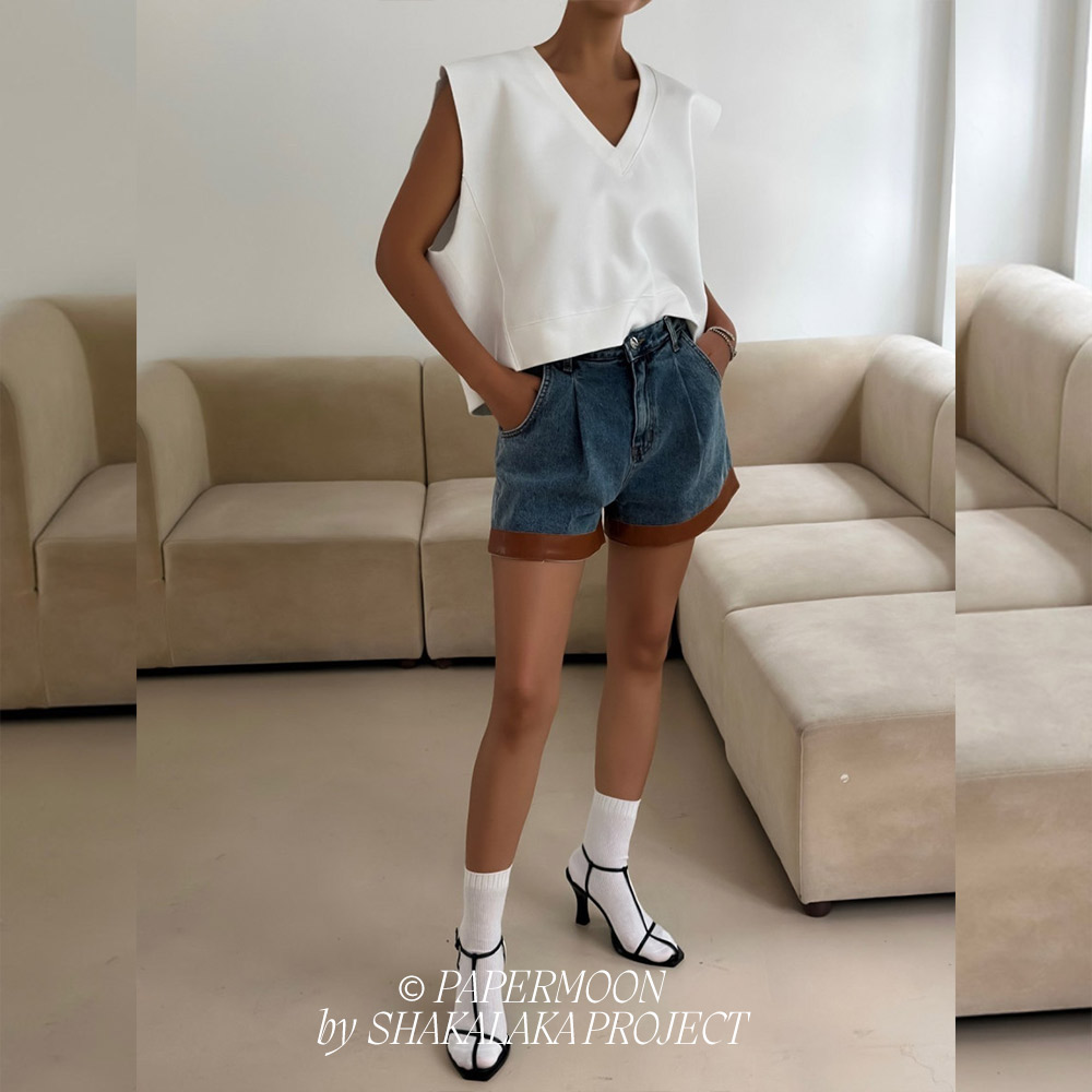 Leather Color Combination Denim Shorts 7