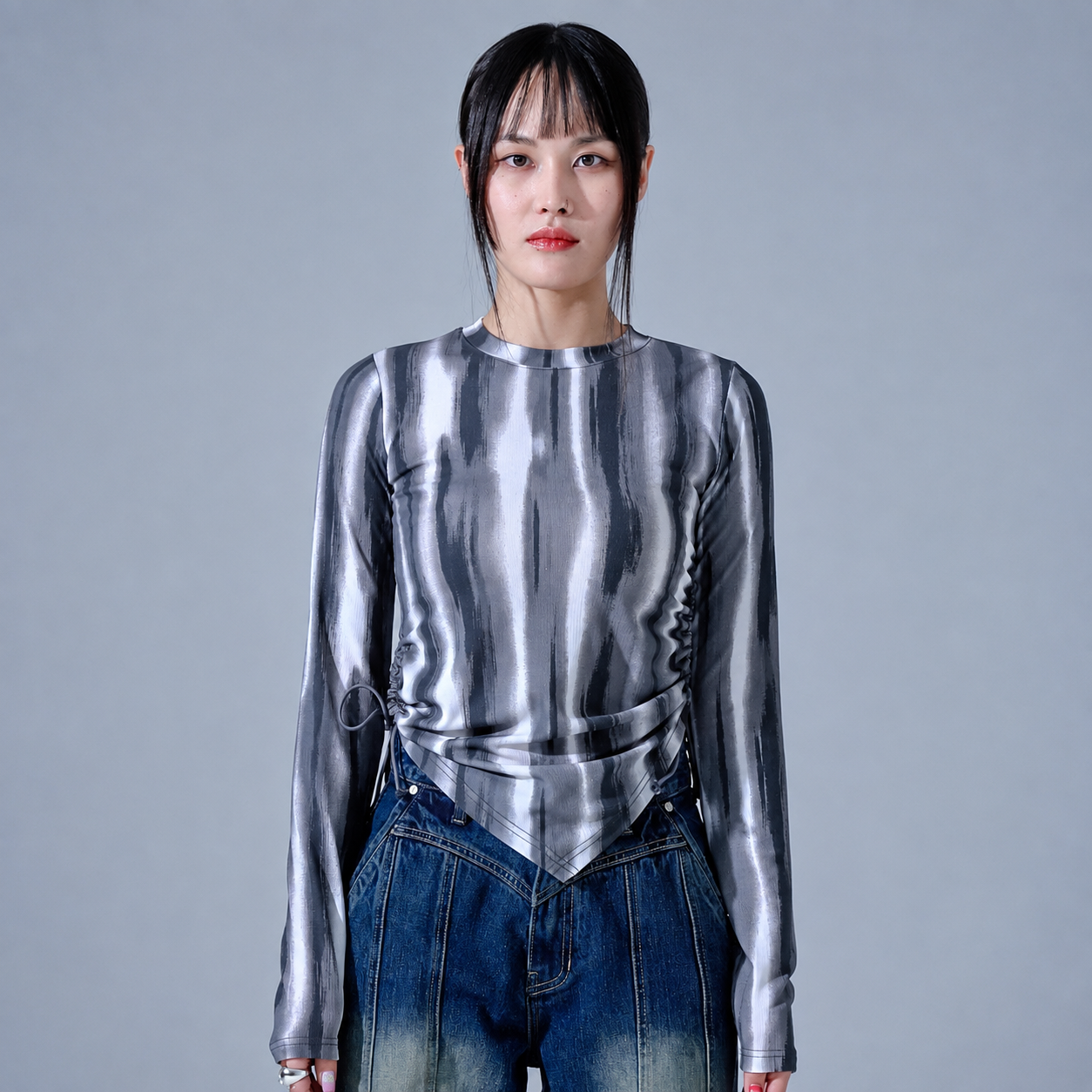 Marble Shirring String T-shirts-GRAY 3