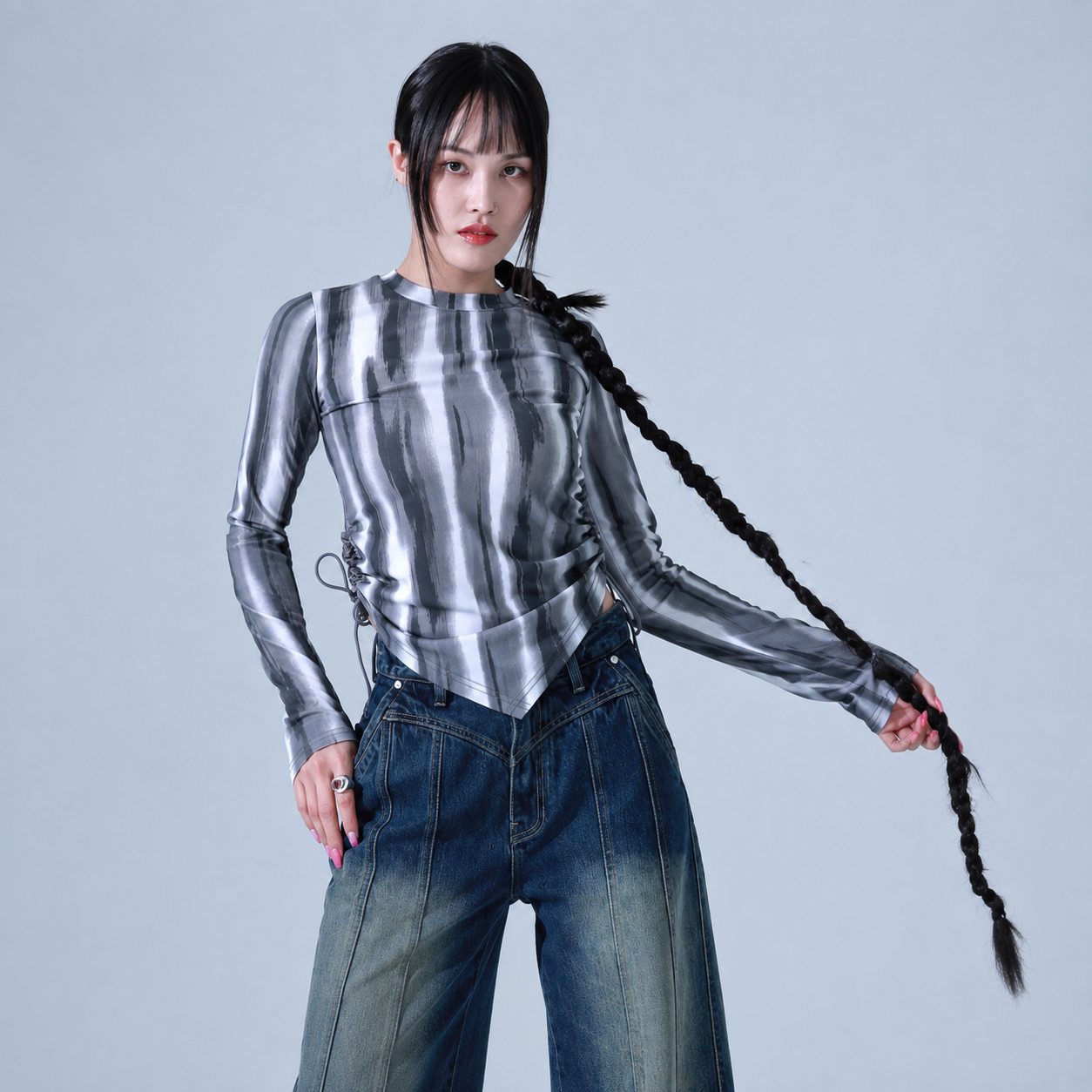 Marble Shirring String T-shirts-GRAY 2