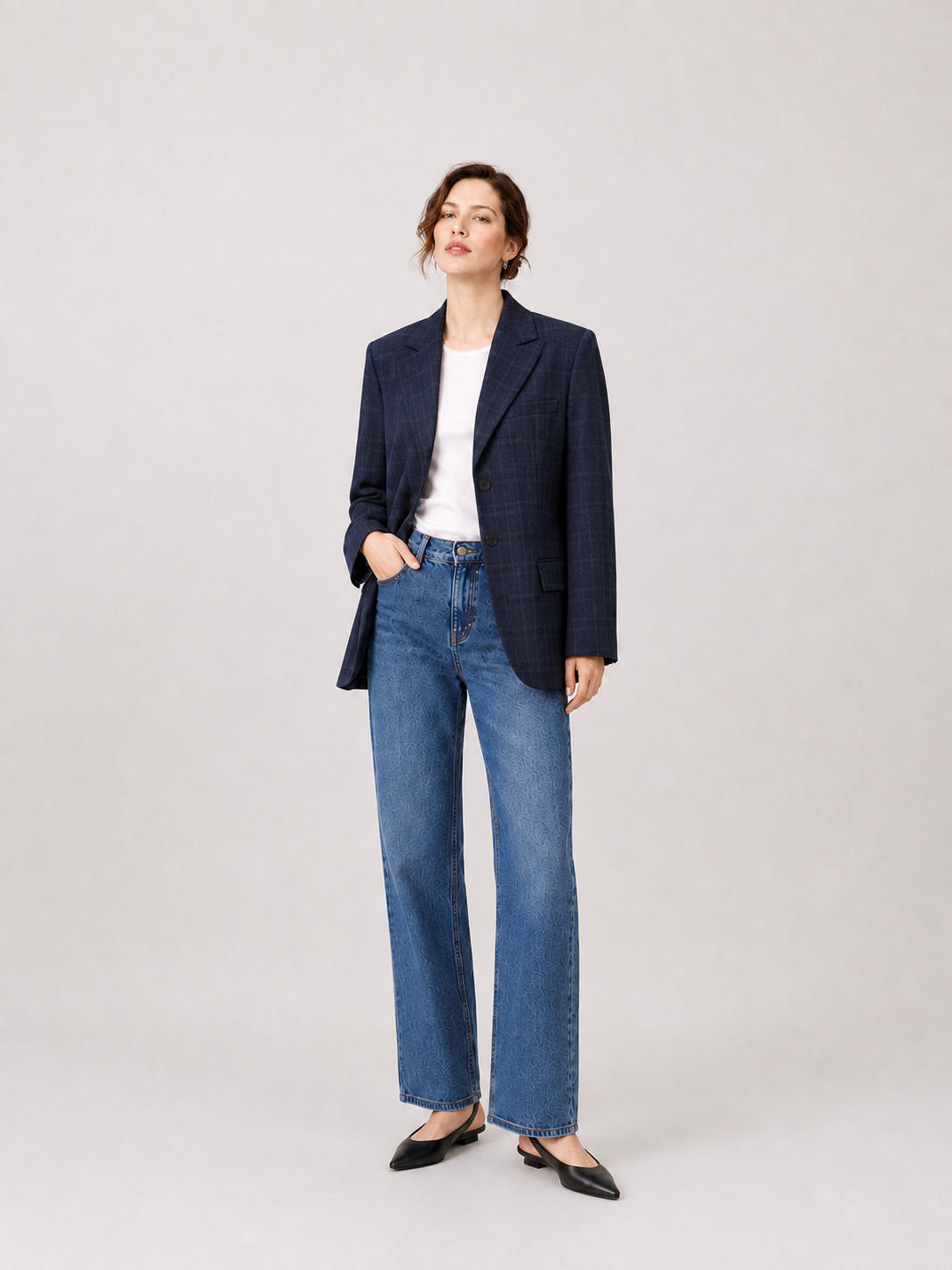 Relaxed Fit Check Blazer-NAVY 2