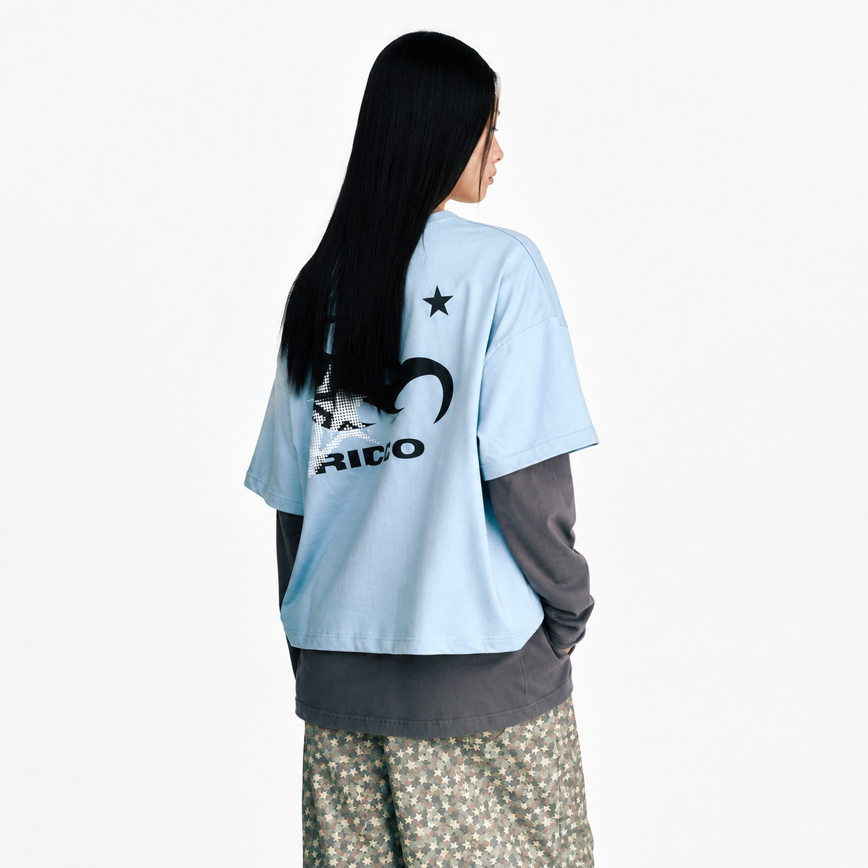 FLAME STAR LAYERED LONG SLEEVE T Shirts-LIGHT BLUE 7