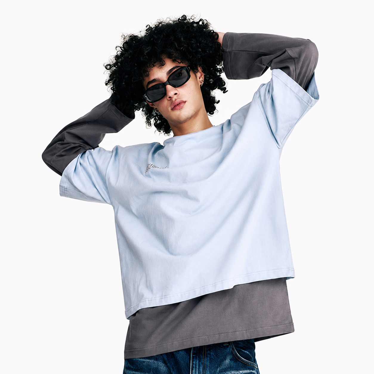 FLAME STAR LAYERED LONG SLEEVE T Shirts-LIGHT BLUE 2