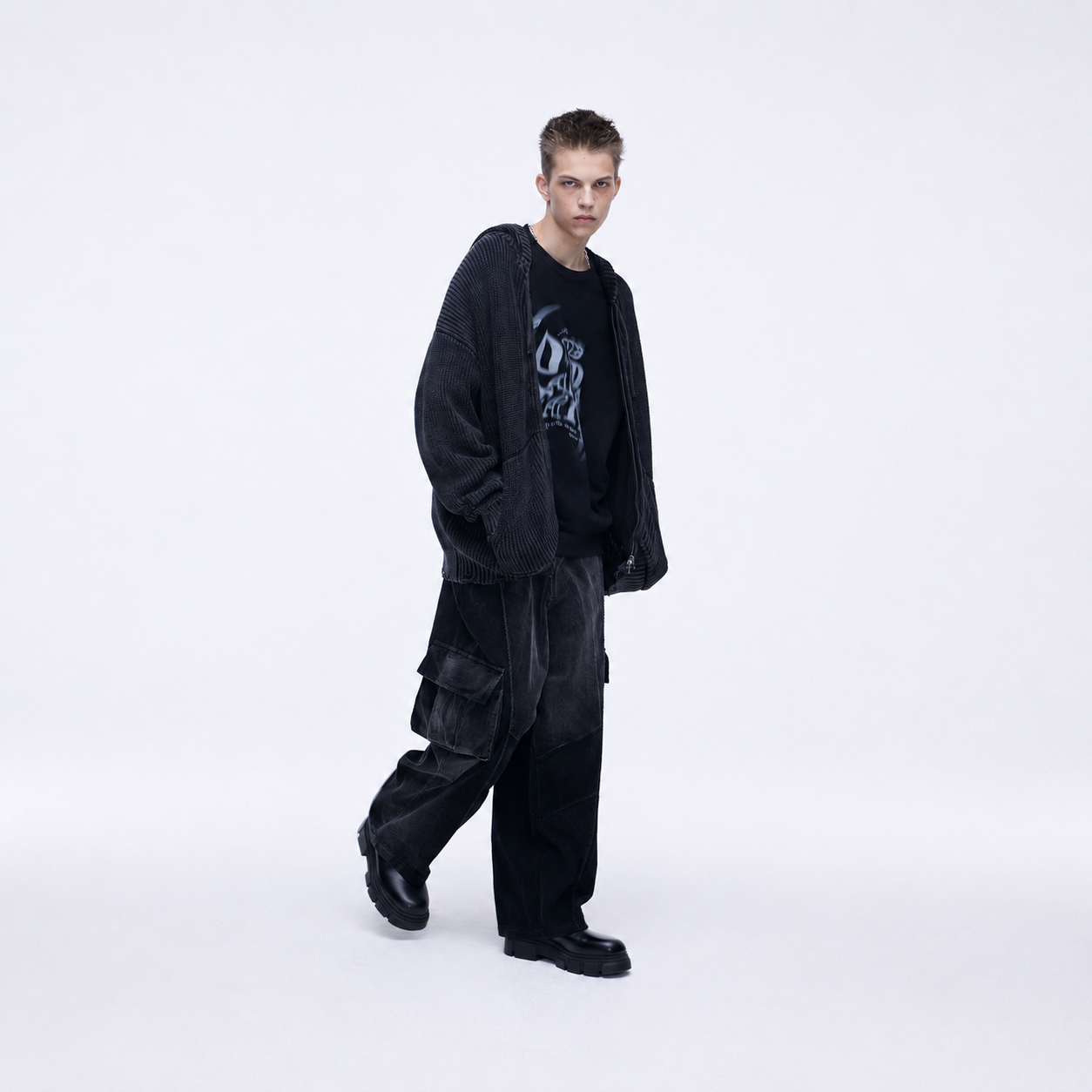 WASHING CORDUROY CARGO   BANDING DENIM PANTS-BLACK 2