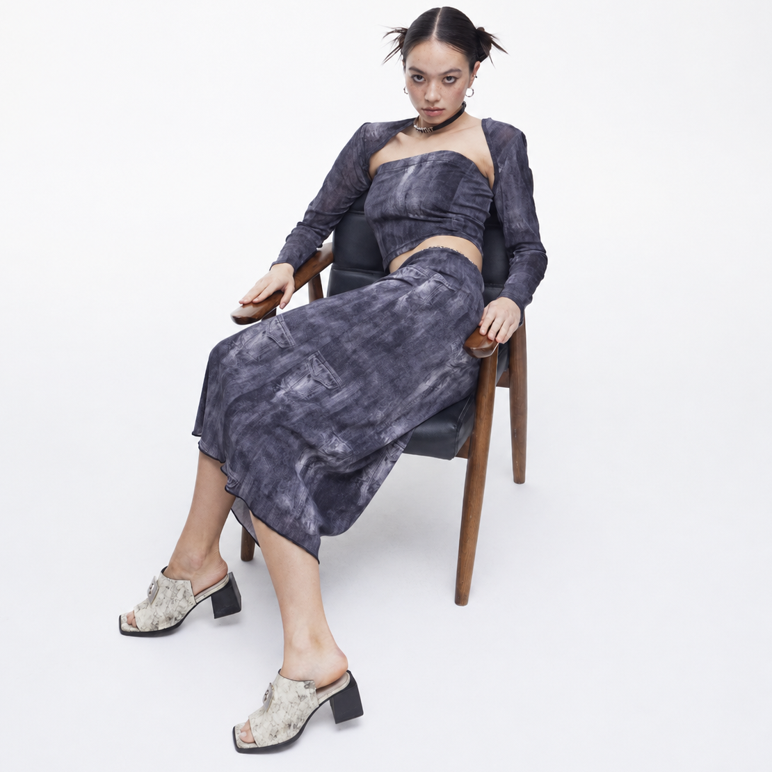 Denim Print Mesh Skirts-BLACK 3