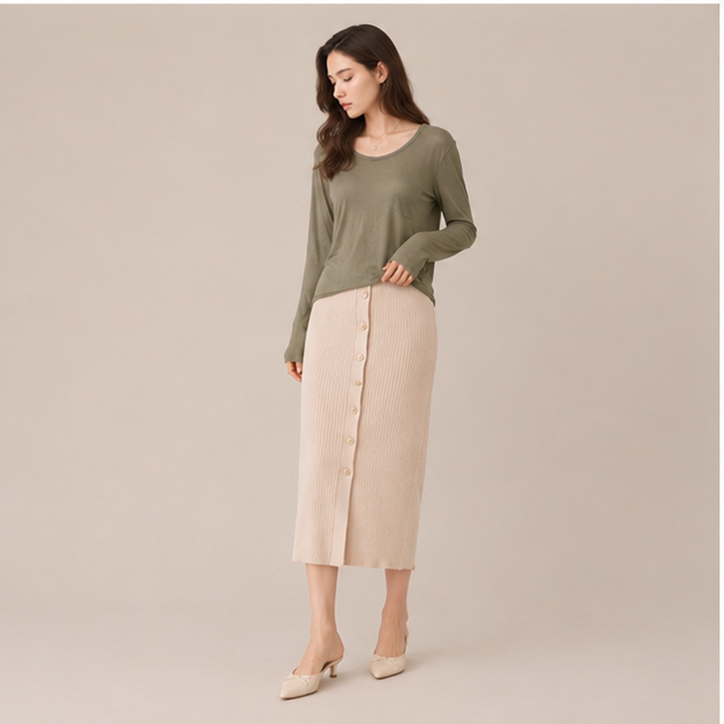 Button Front Knit Skirt-LIGHT BEIGE 4