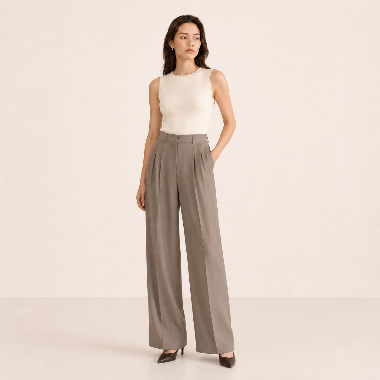 Summer Double-pleated trousers-BEIGE 2