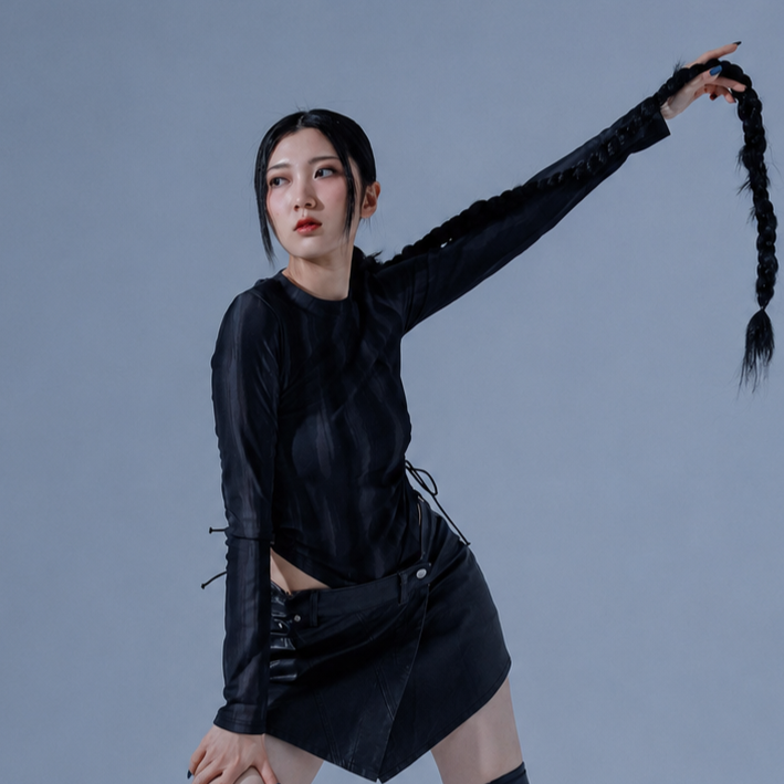 Marble Shirring String T-shirts-BLACK 2
