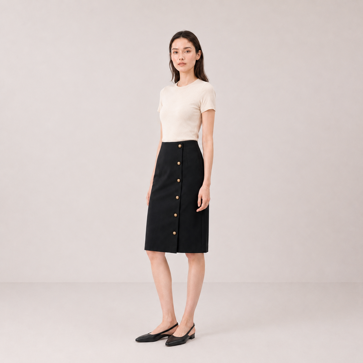 Side Button Midi Skirt-Black 2