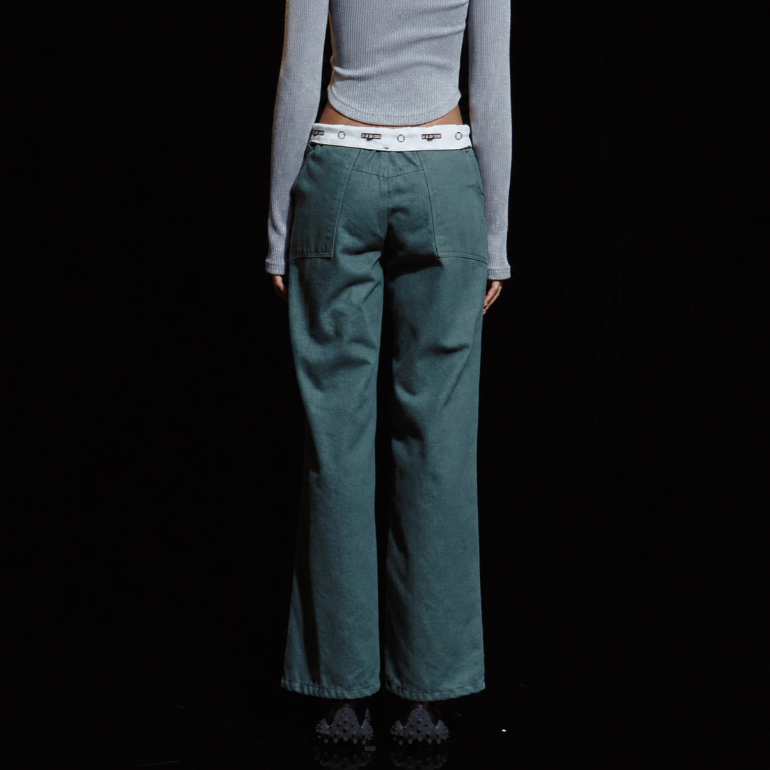 TURN UP LOGO BELT LOW RISE PANTS-GREEN 5