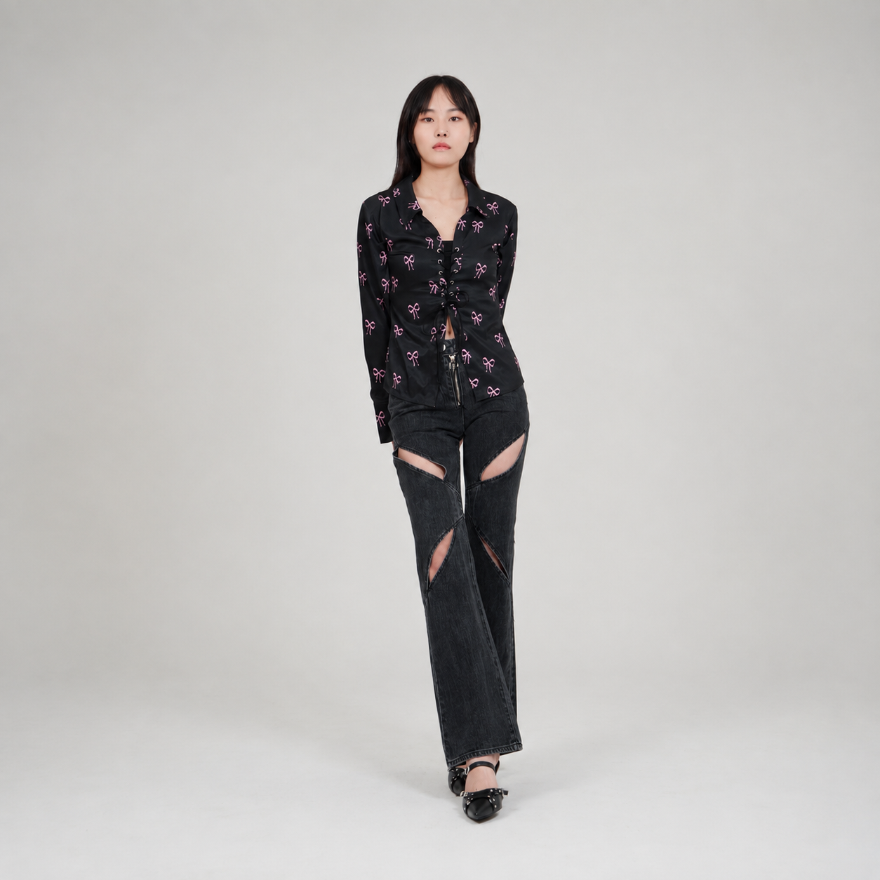 Ribbon Eyelet Shirt-BLACK 8