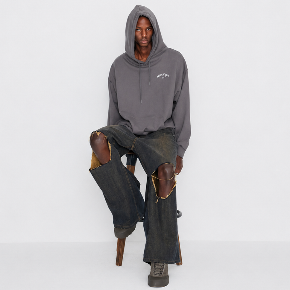 DESTROYED KNEE WIDE DENIM PANTS-DIRTY BLUE & MUSTARD 5
