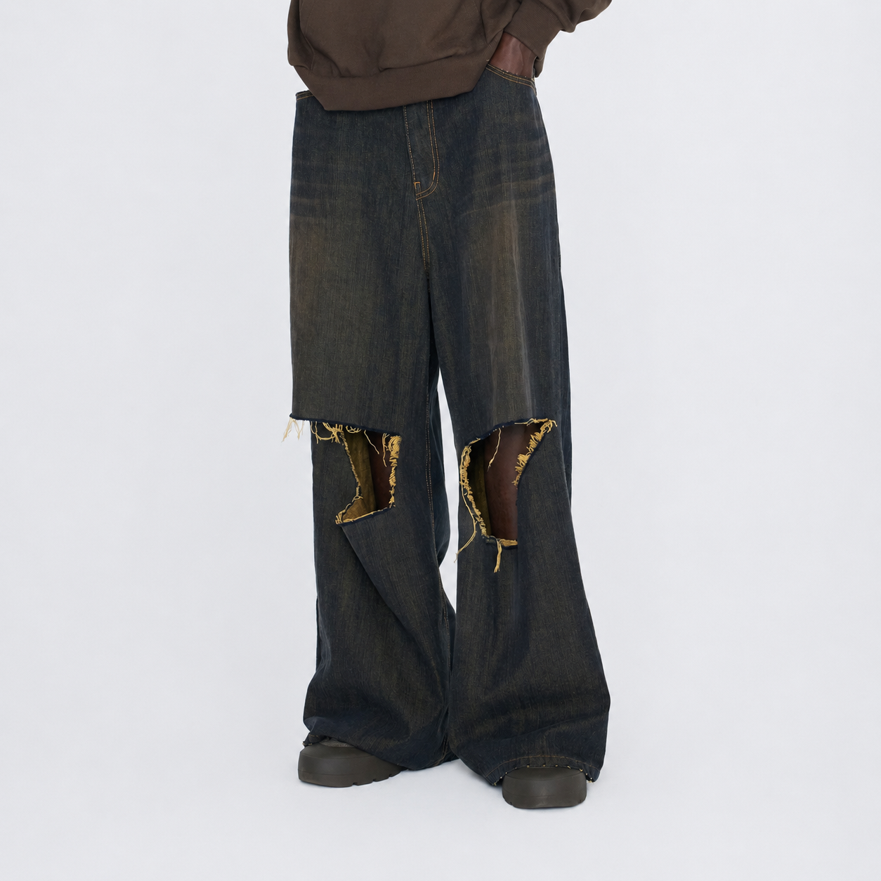 DESTROYED KNEE WIDE DENIM PANTS-DIRTY BLUE & MUSTARD 6