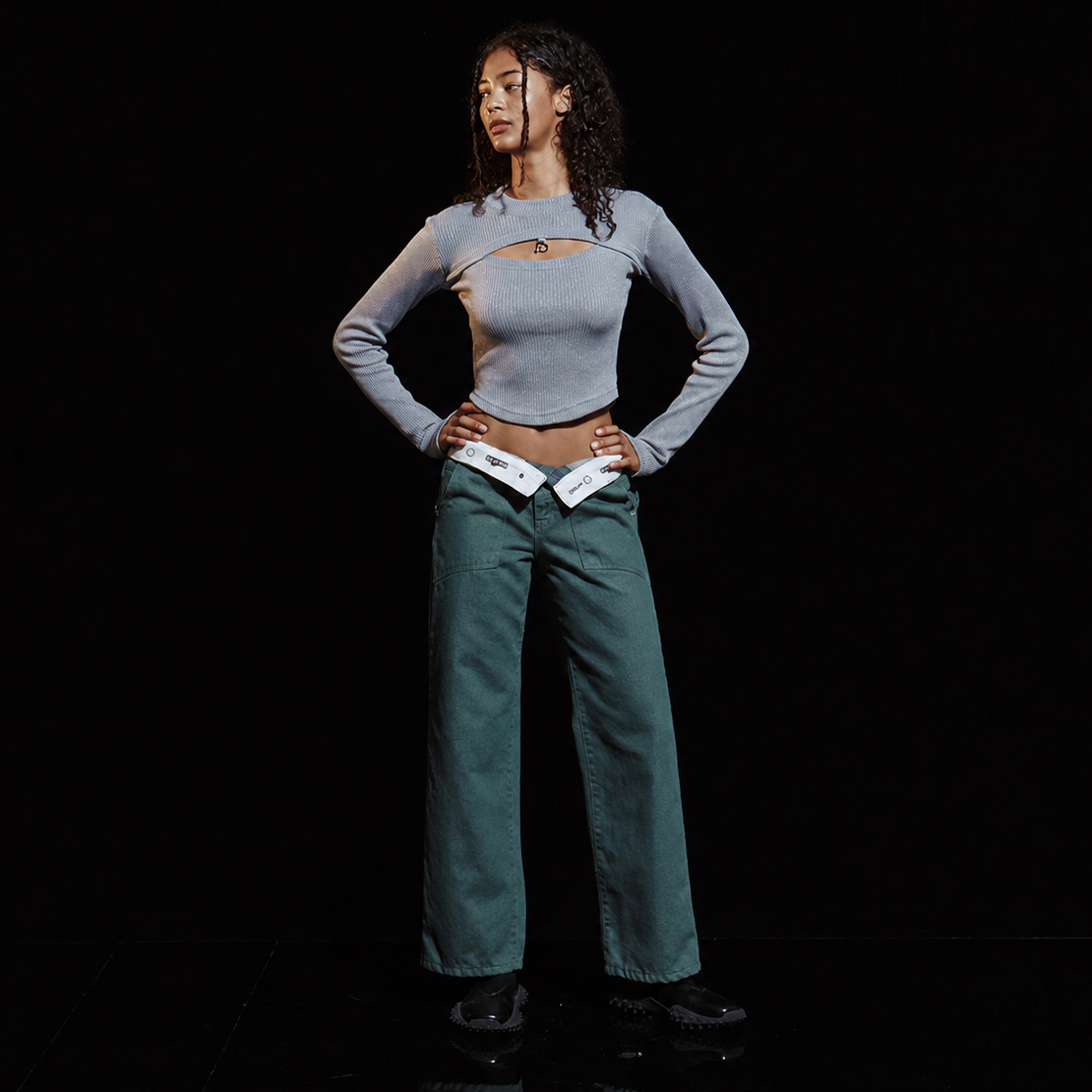 TURN UP LOGO BELT LOW RISE PANTS-GREEN 4