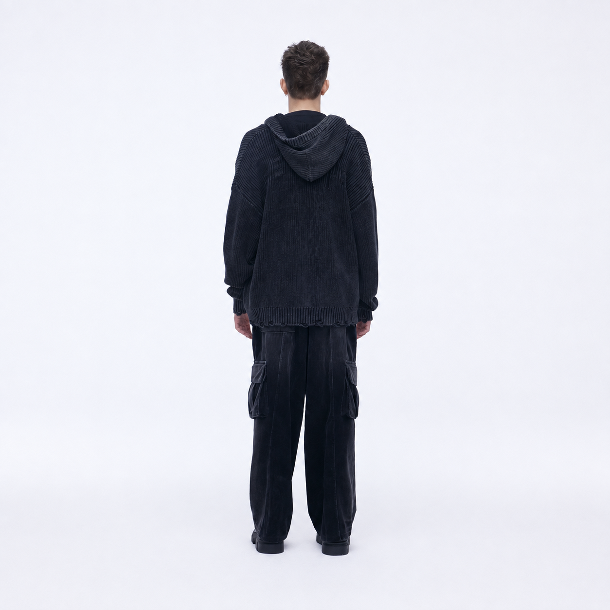 WASHING CORDUROY CARGO   BANDING DENIM PANTS-BLACK 3