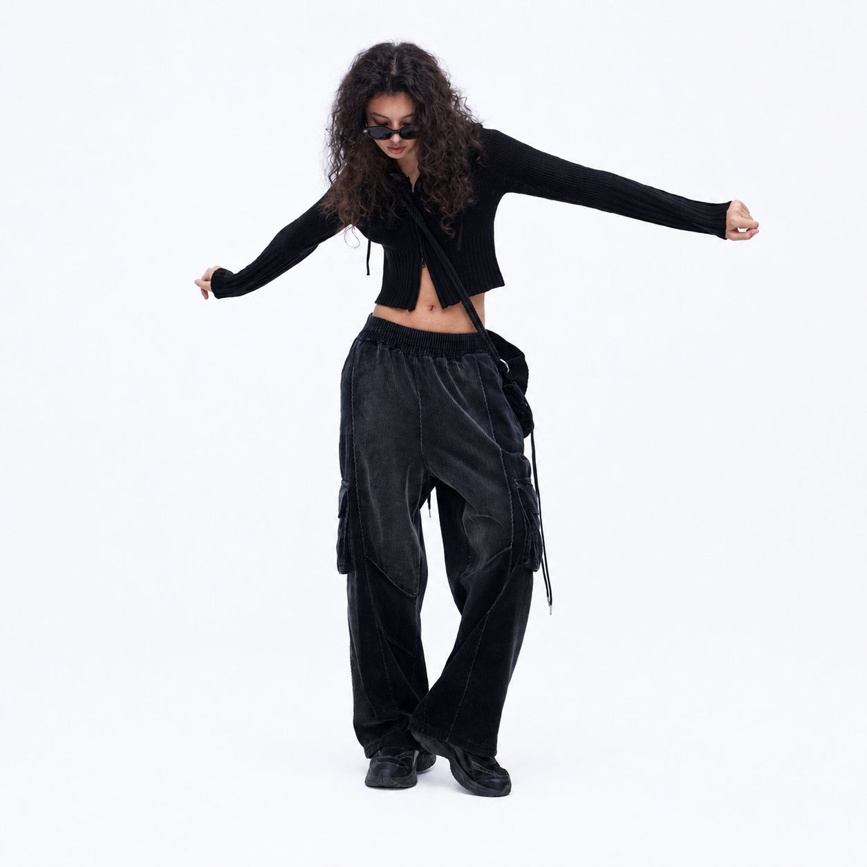WASHING CORDUROY CARGO   BANDING DENIM PANTS-BLACK 6