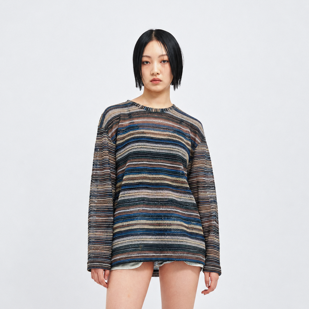 SEE-THROUGH CRAFT KNIT PULLOVER-BLUE 5