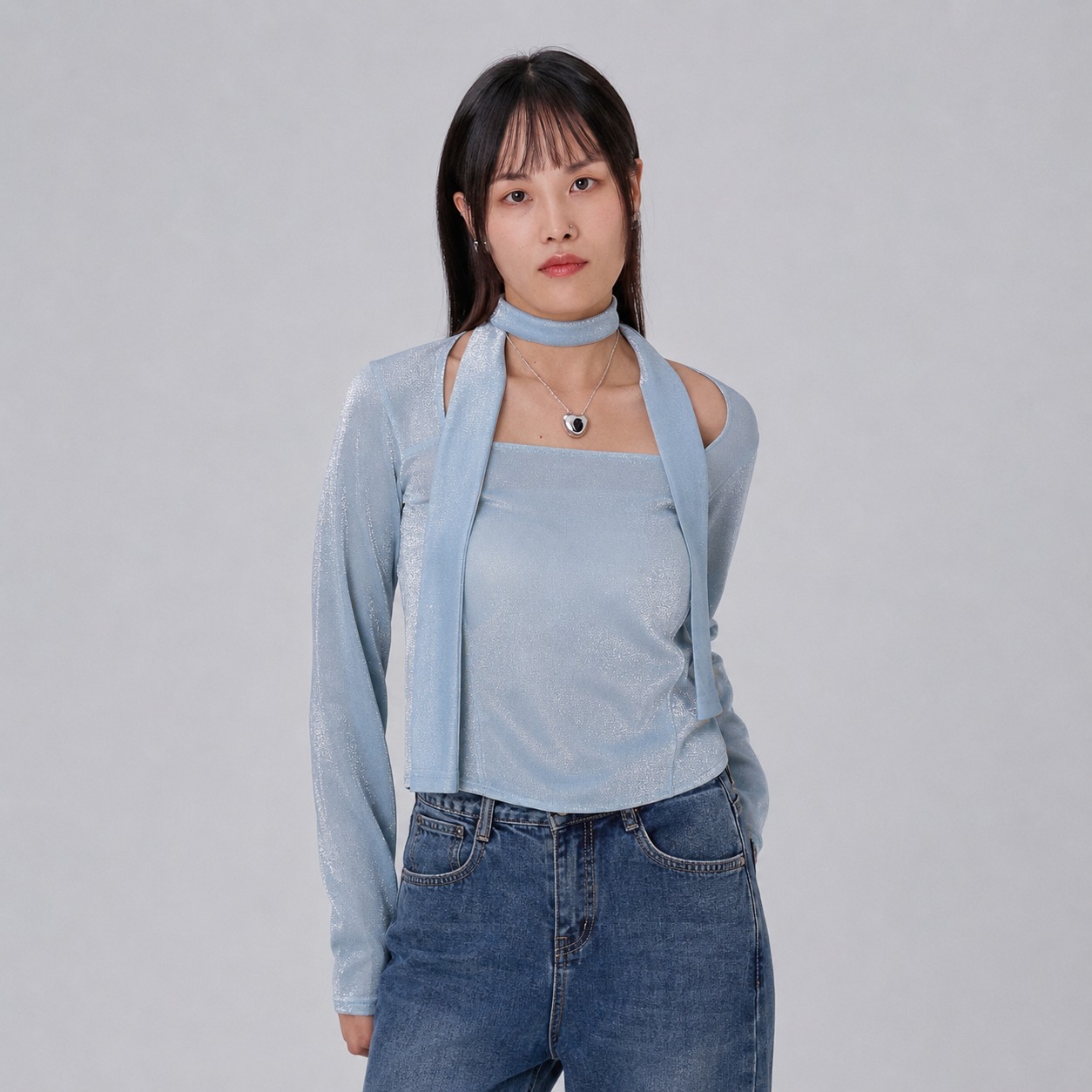 METAL SQUARE NECK T-SHIRTS-SKY BLUE 2