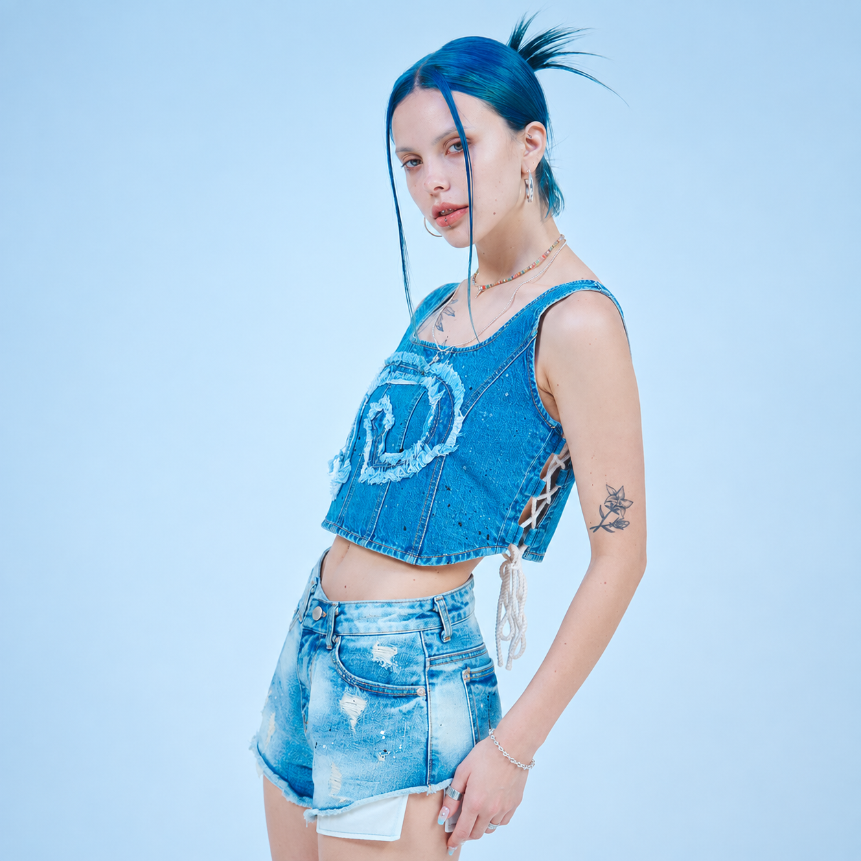 EMBORIDERY STRING DENIM TOP-BLUE 3
