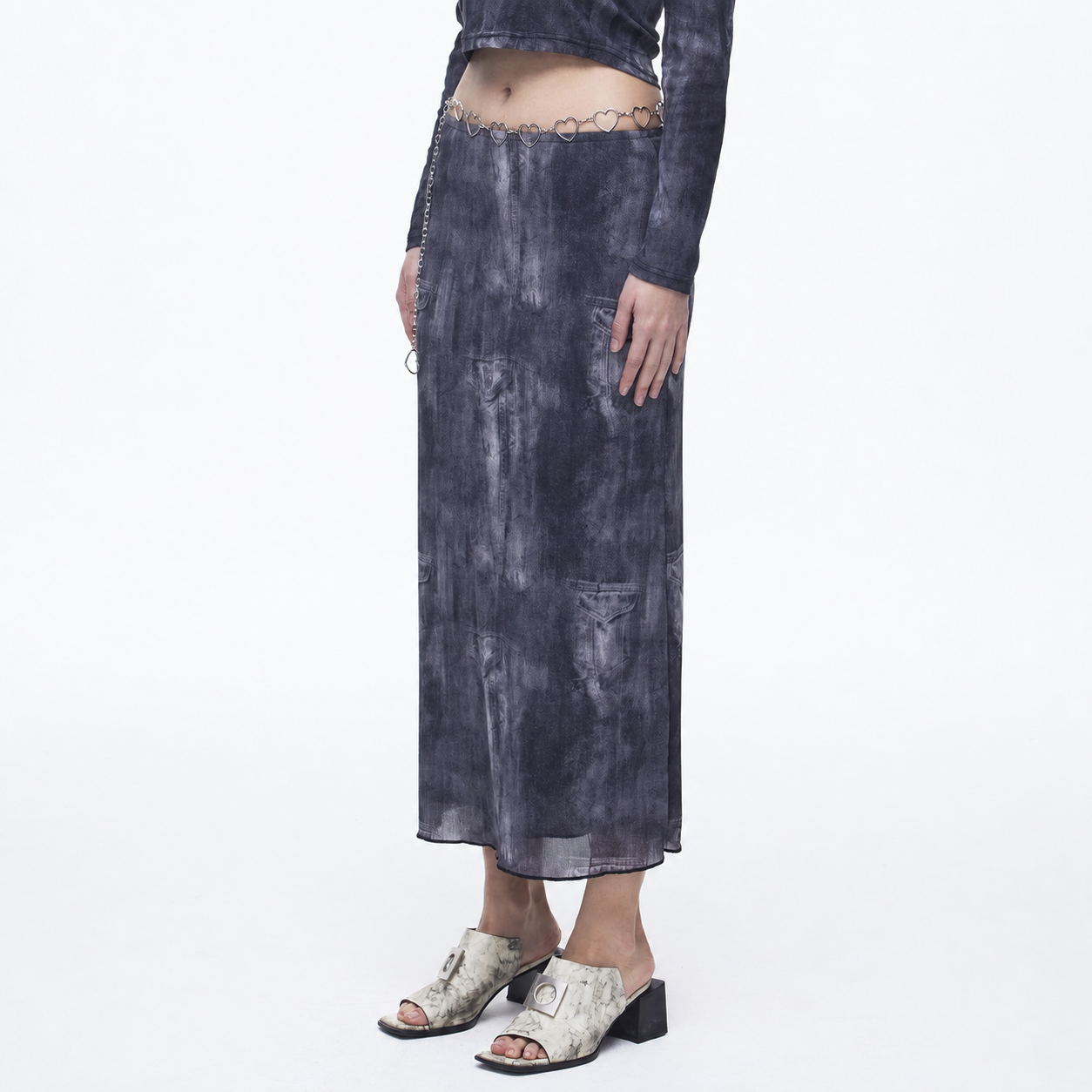 Denim Print Mesh Skirts-BLACK 6