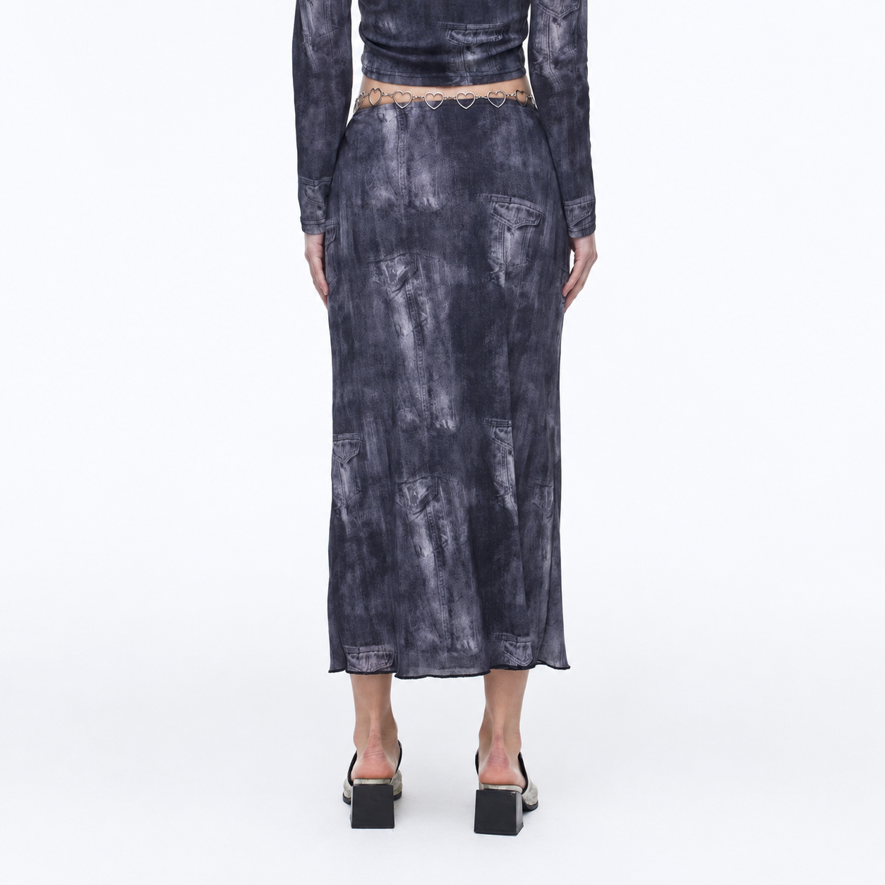 Denim Print Mesh Skirts-BLACK 5