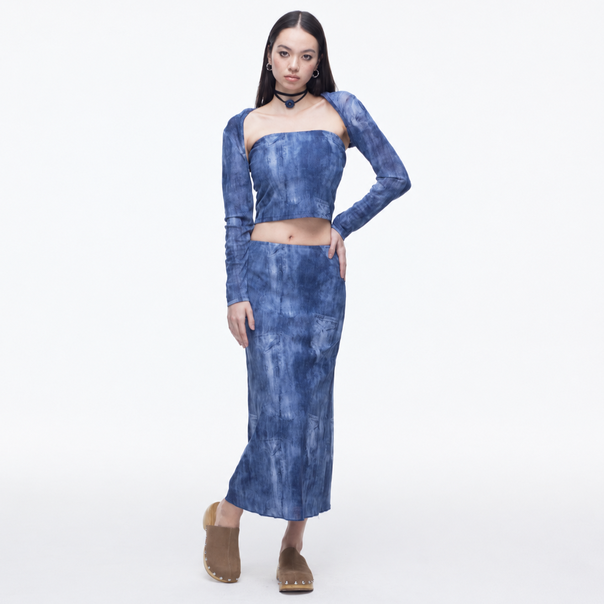 Denim Print Mesh Skirts-BLUE 3