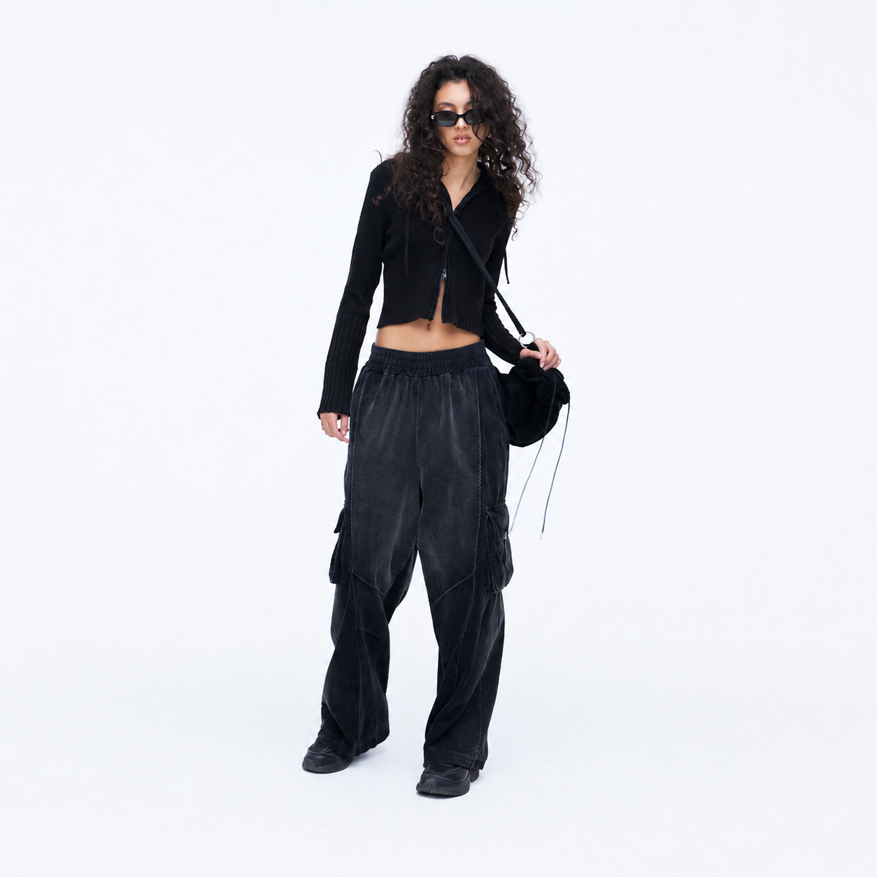 WASHING CORDUROY CARGO   BANDING DENIM PANTS-BLACK 5