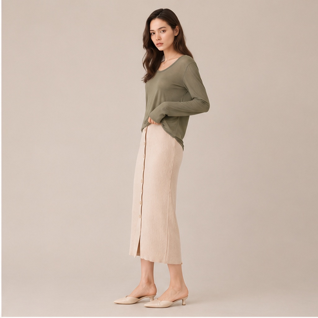 Button Front Knit Skirt-LIGHT BEIGE 2