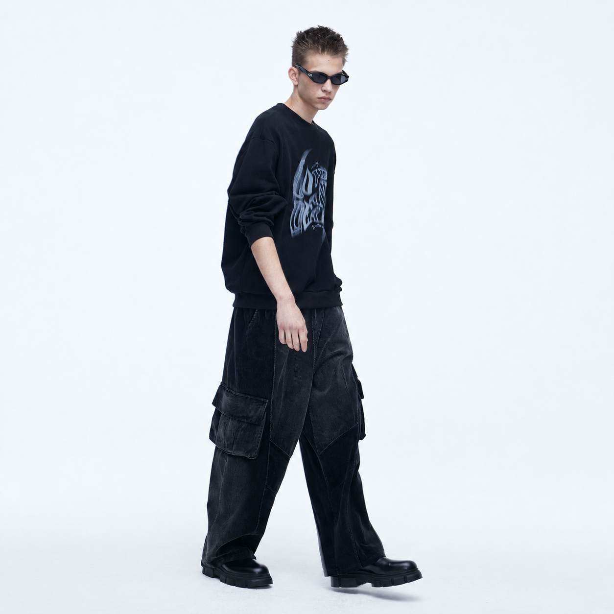 WASHING CORDUROY CARGO   BANDING DENIM PANTS-BLACK 4