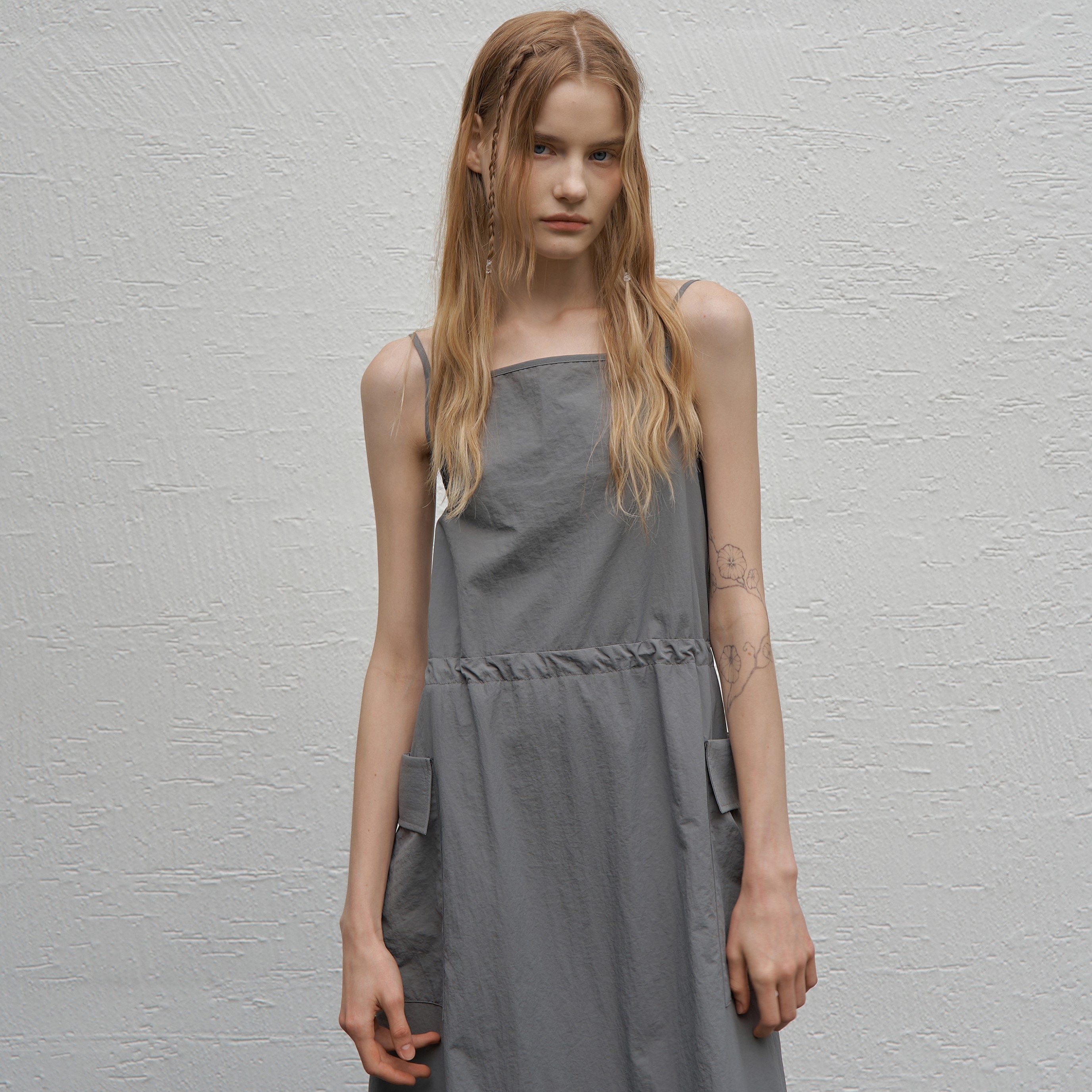 nylon square neck pocket balloon dress-Charcoal 6