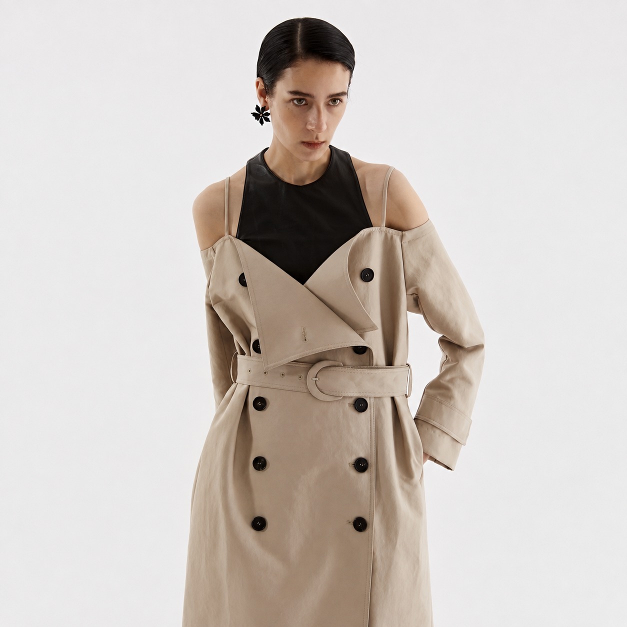 OFF-SHOULDER TRENCH COAT-BEIGE