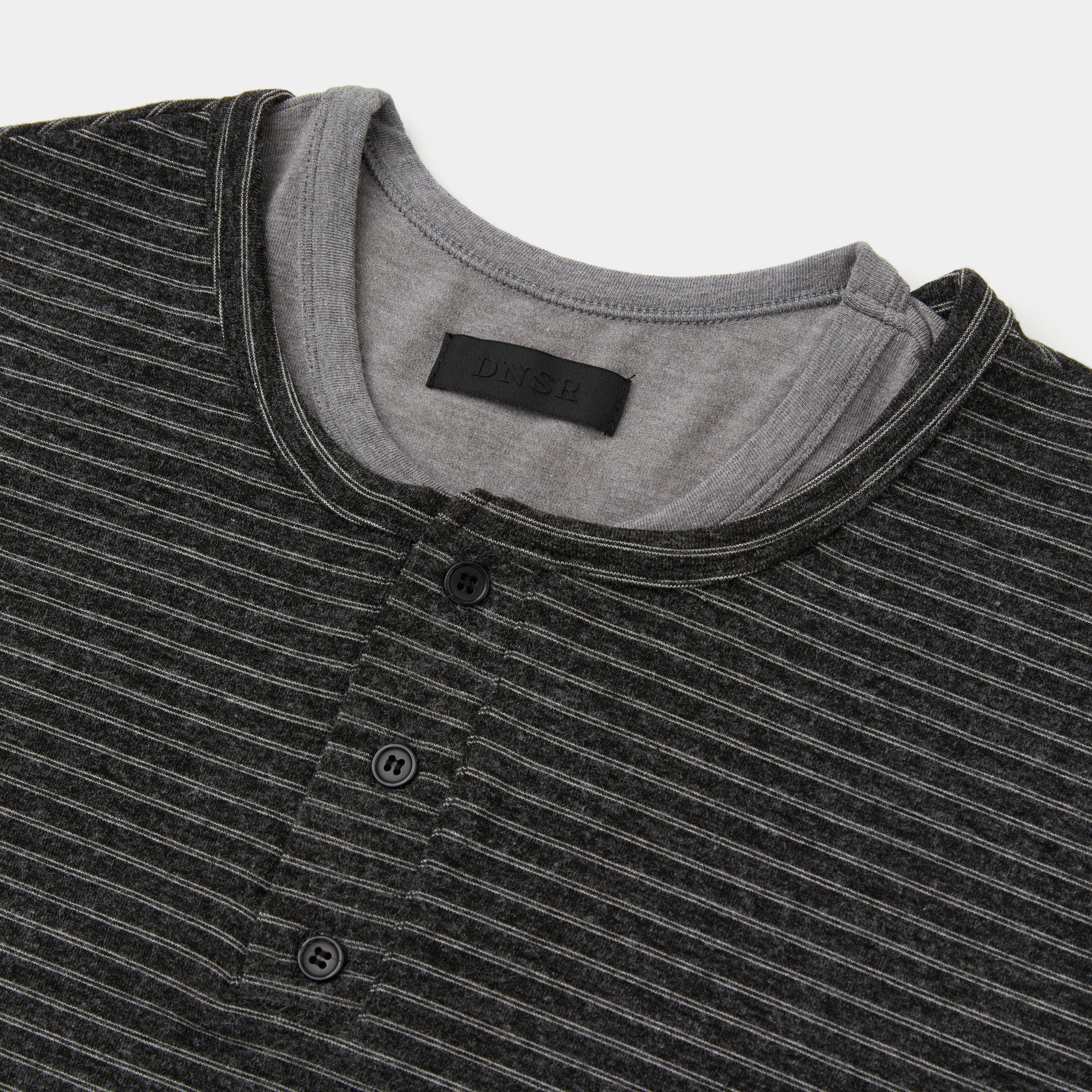 Stripe Layered Henley Neck Long Sleeve-CHARCOAL 4
