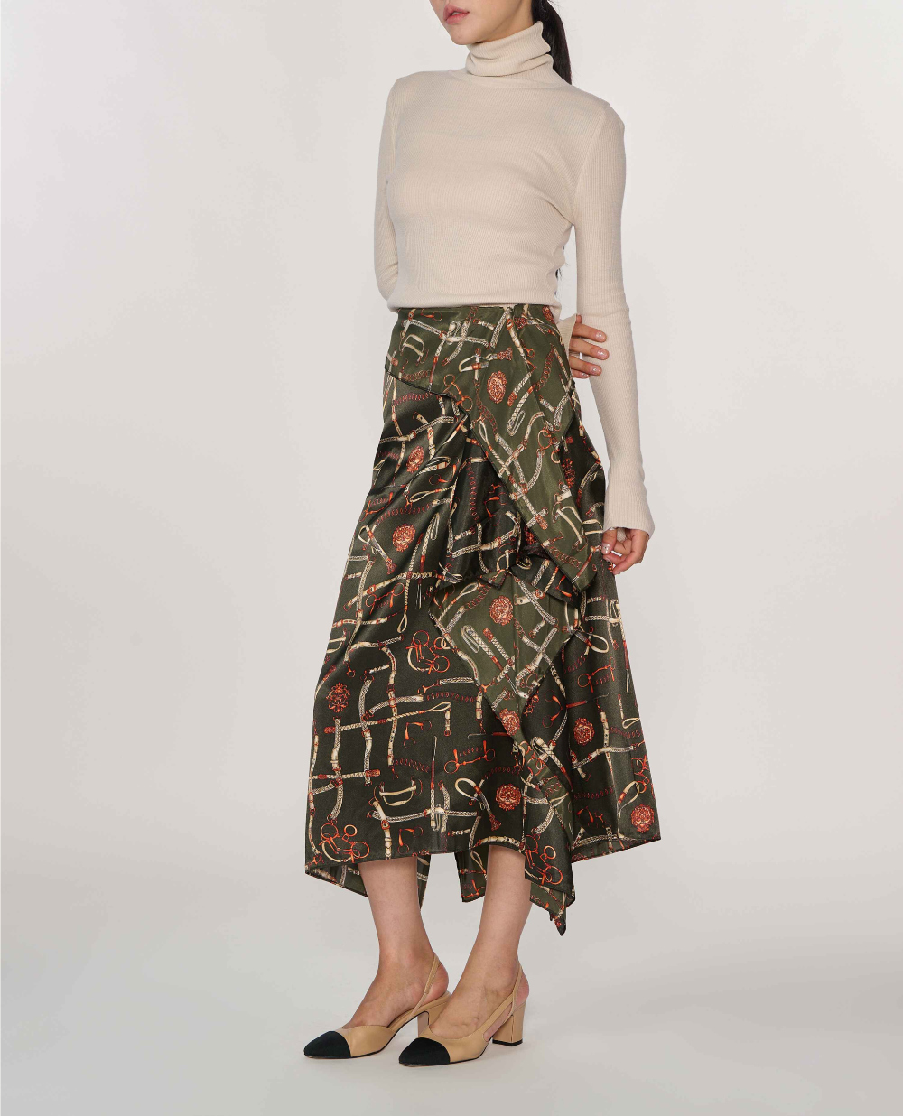 Printed Unbalance Skirt-KHAKI 2