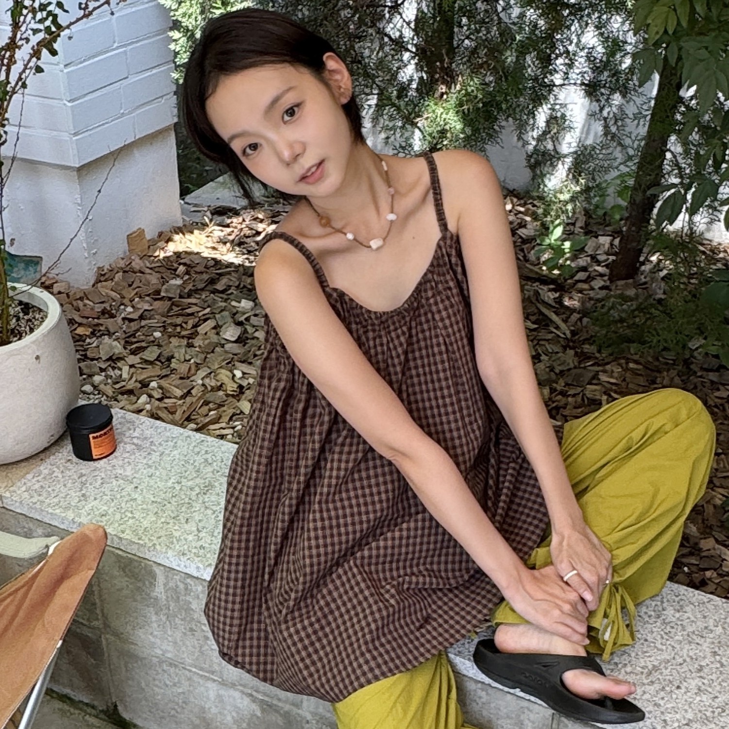 チェック柄シャーリングノースリーブ-茶色 (BRW) 3