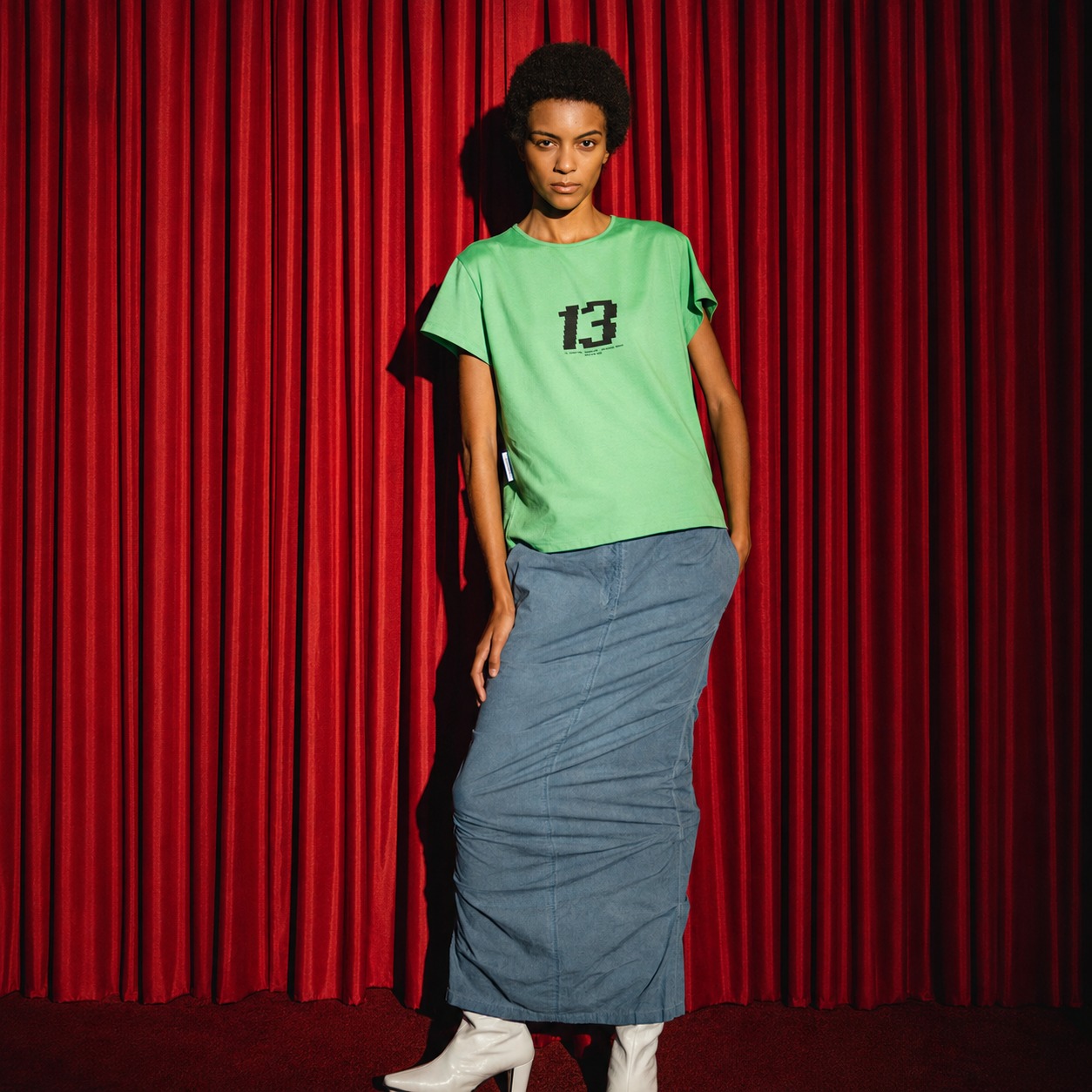 ASYMMETRIC TUCK SKIRT-BLUE