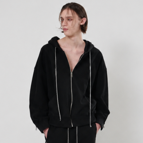 CHAINED DETAIL INSIDEOUT HOOD ZIP-BLACK 2