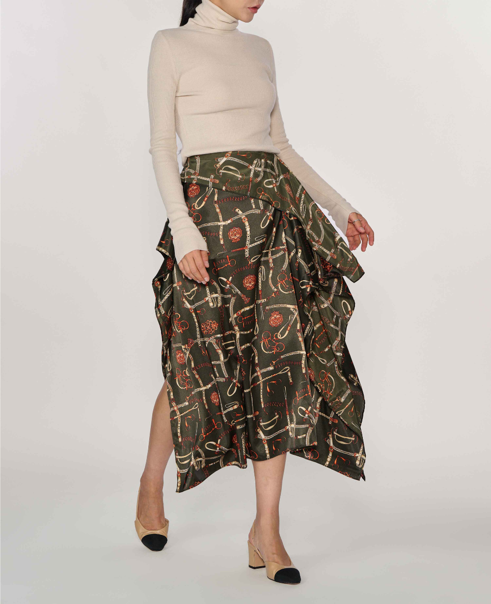 Printed Unbalance Skirt-KHAKI 5