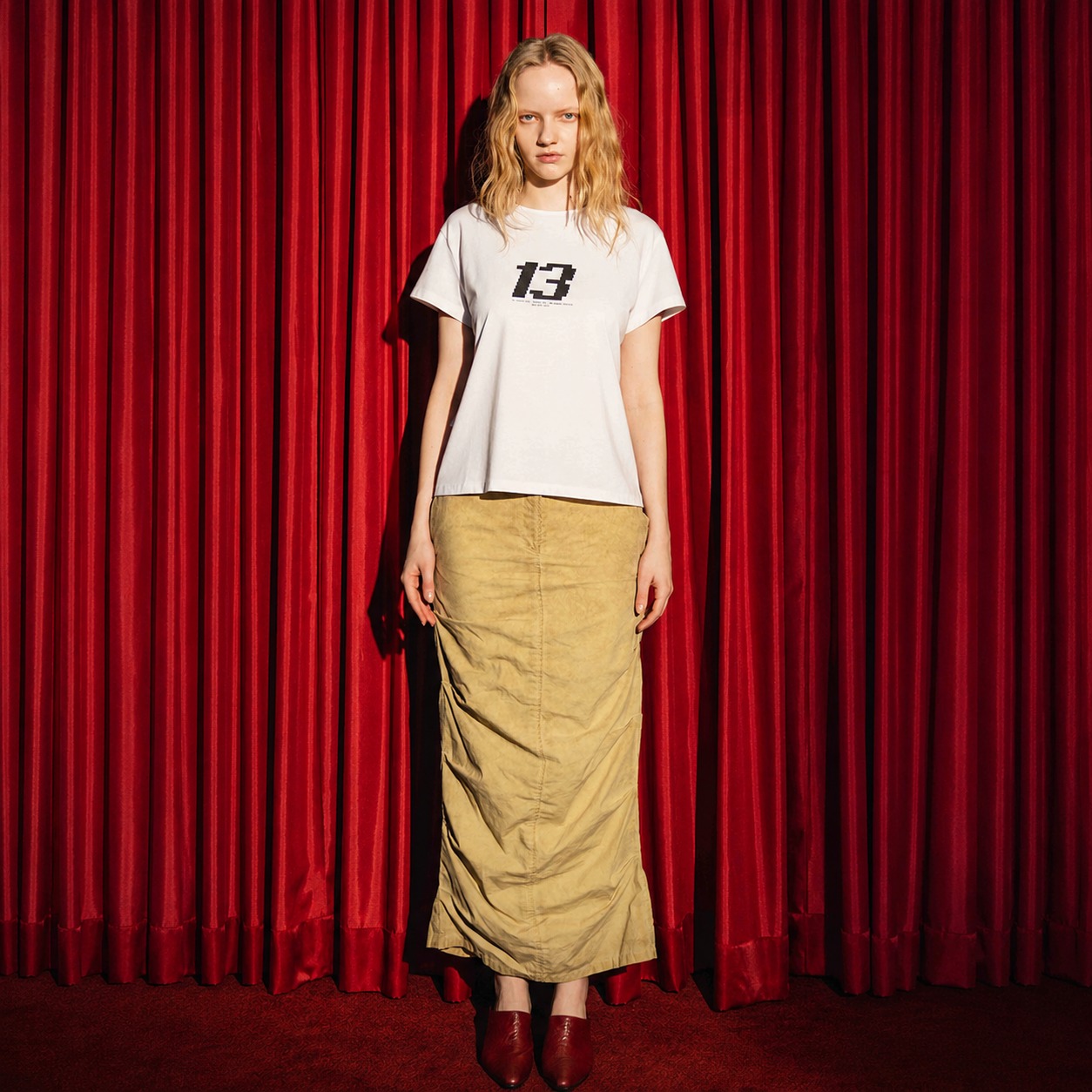 ASYMMETRIC TUCK SKIRT-BEIGE