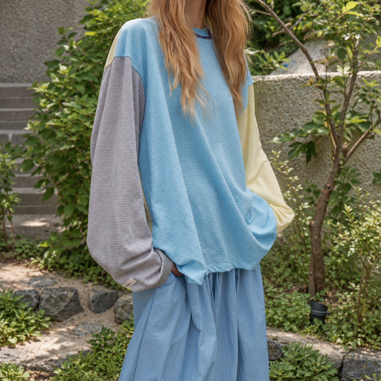 マルチカラーブロックストライプTシャツ-青 (BLU) 8