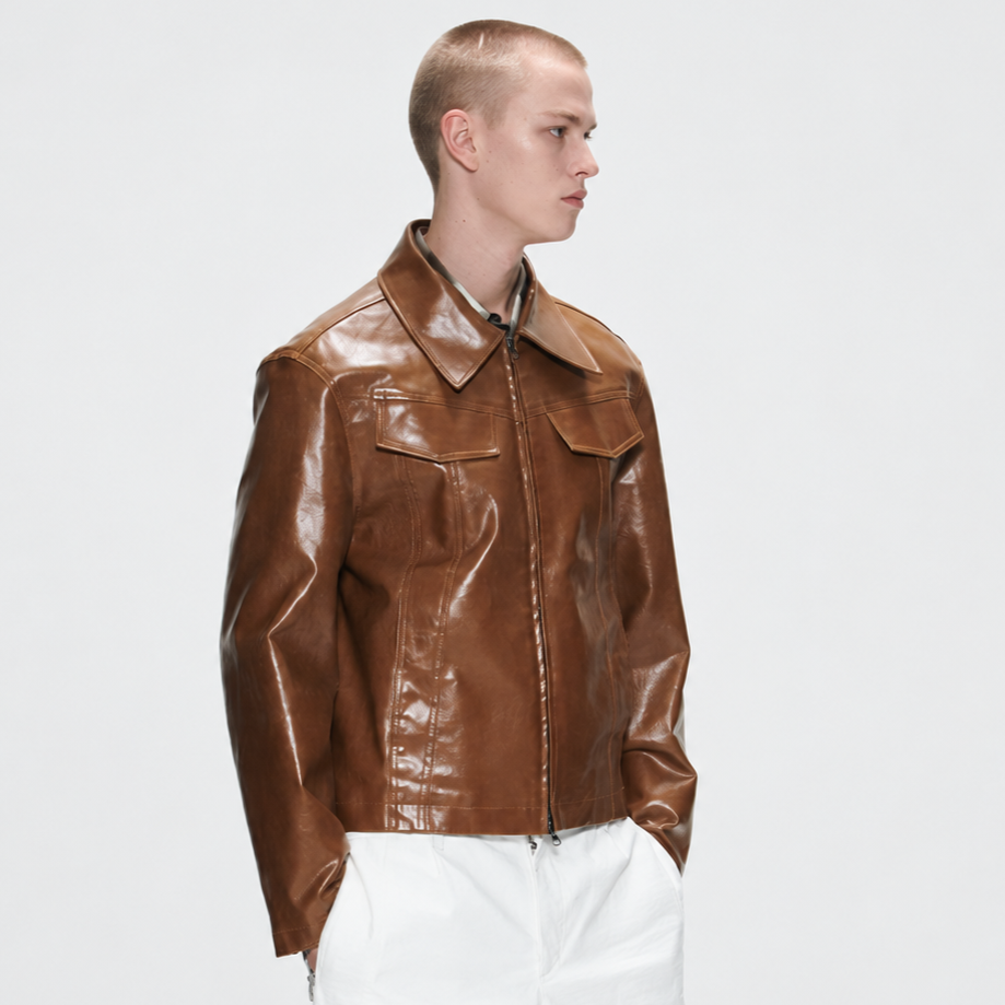 LEATHER TWO POCKET JACKET-BROWN 3