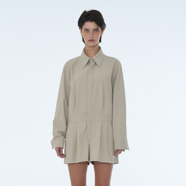 WOMENS SHIRT COLLAR JUMPSUIT-BEIGE, BLACK 2