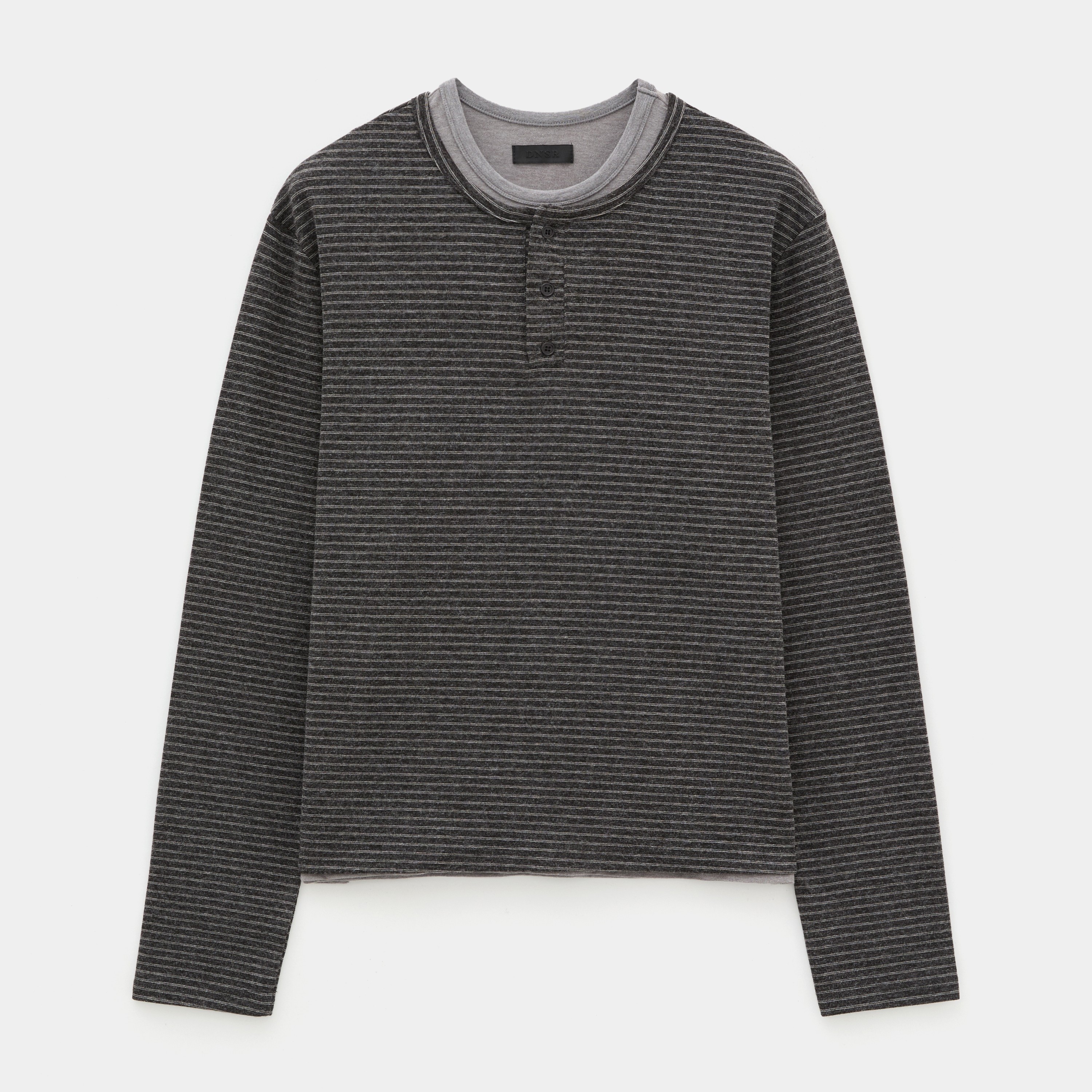 Stripe Layered Henley Neck Long Sleeve-CHARCOAL 2