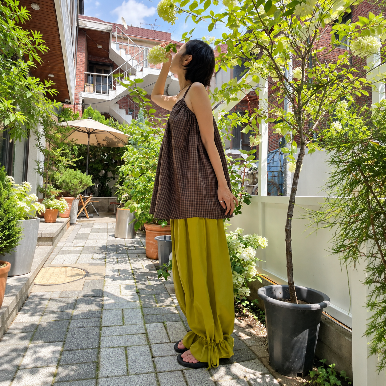 チェック柄シャーリングノースリーブ-茶色 (BRW) 7