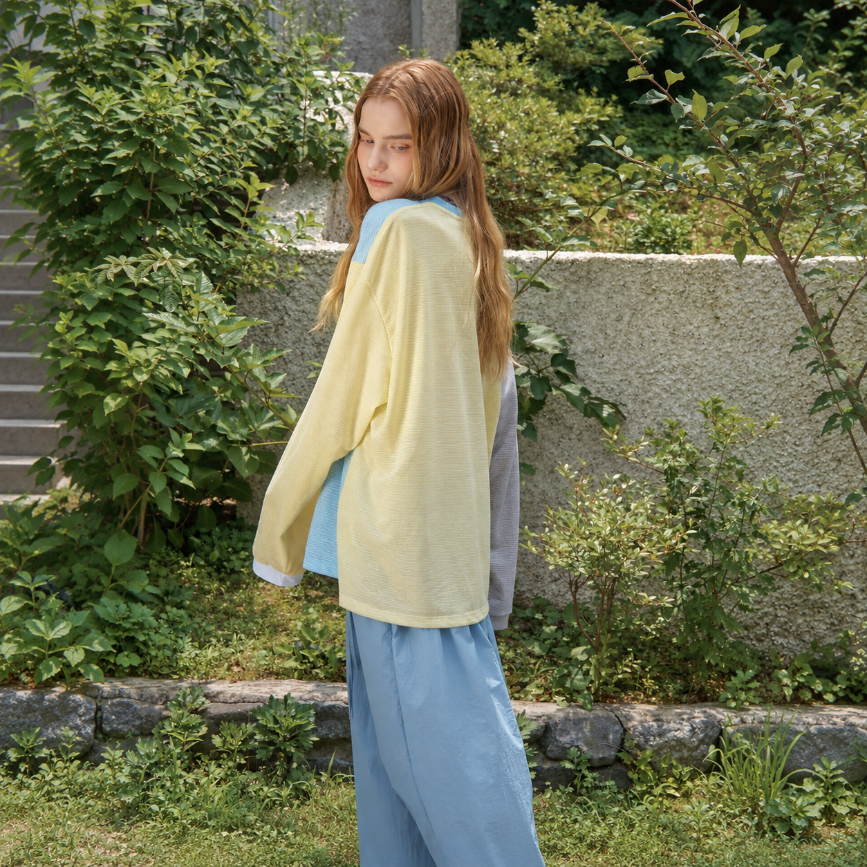 マルチカラーブロックストライプTシャツ-青 (BLU) 5