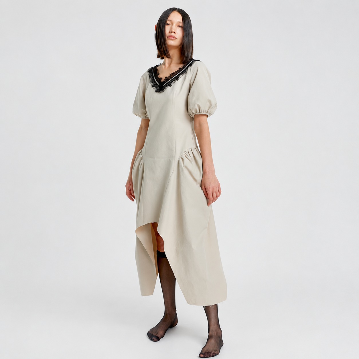 STRUCTURAL LACY DRESS-BEIGE